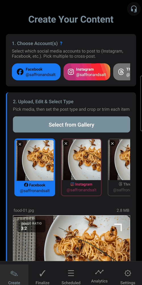 SocialPrez create-post screen with Facebook and Instagram both selected, cross-posting the same photo to both accounts at once