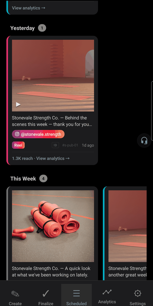 SocialPrez posts list showing published posts and their status across connected accounts