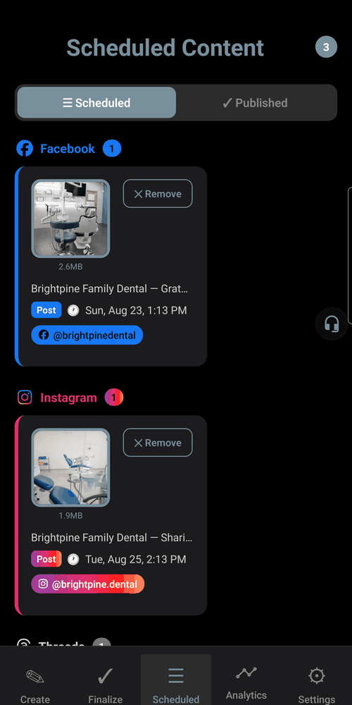 SocialPrez scheduled queue showing upcoming posts lined up across accounts