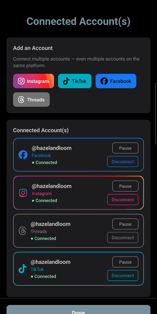 SocialPrez connected accounts screen, showing multiple accounts connected across Facebook, Instagram, Threads, and TikTok